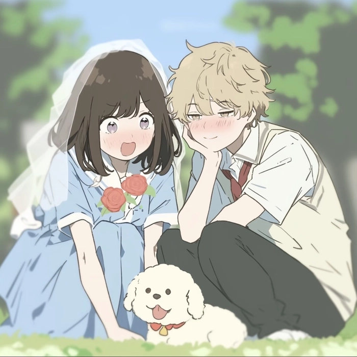 Cartoon couple image featuring happy mood under glowing lights