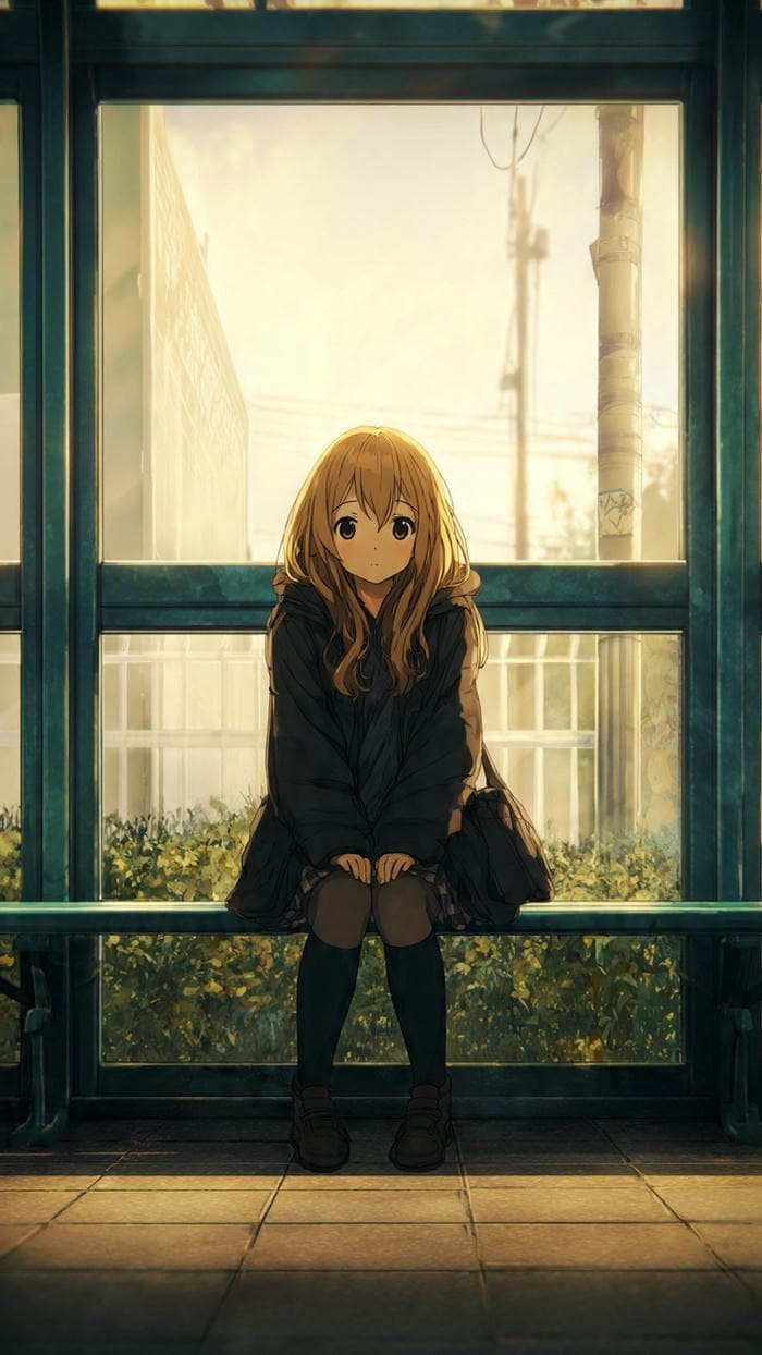 Solitary anime girl sitting alone