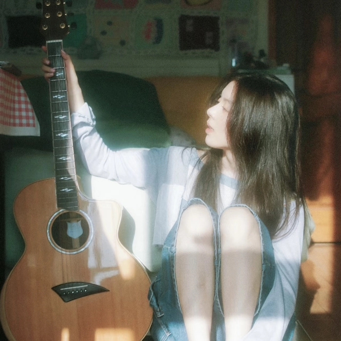 Aesthetic guitar girl image with cozy evening atmosphere style