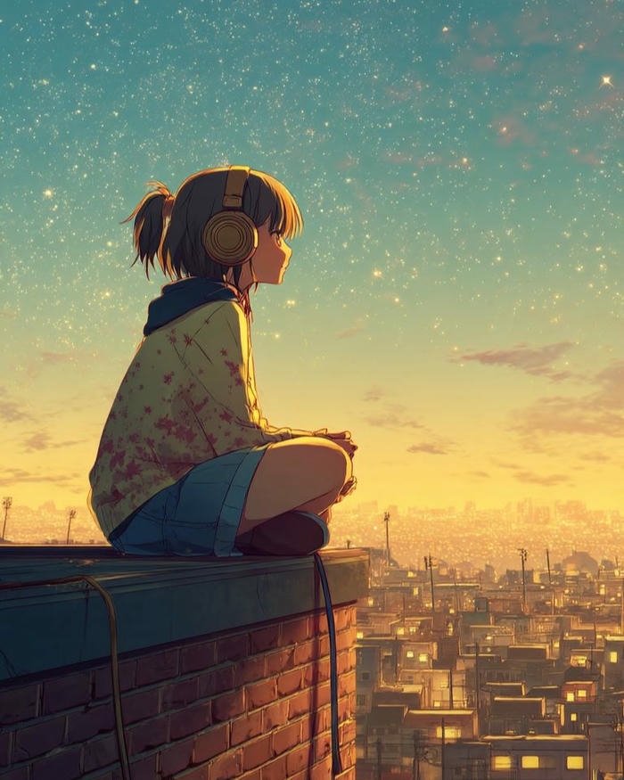 Alone girl image sitting on rooftop overlooking city at dusk