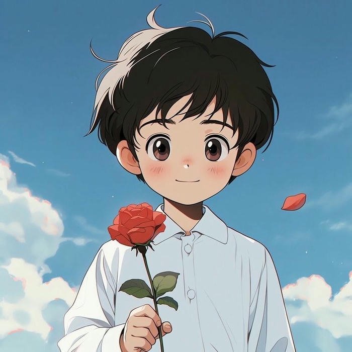 Anime boy holding single red rose against blue sky