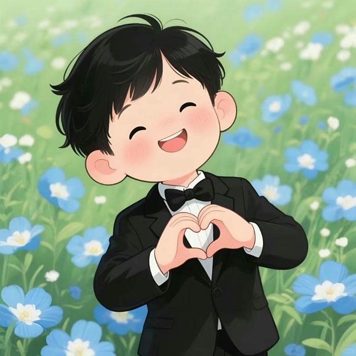Anime boy in black suit holding white glowing heart