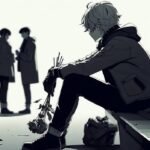 Anime boy sitting alone bench birds flying away view