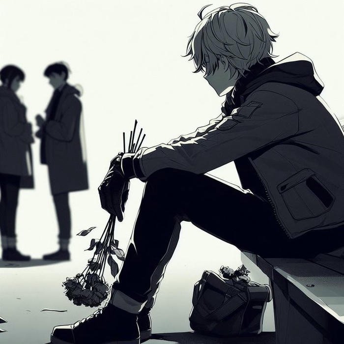 Anime boy sitting alone bench birds flying away view