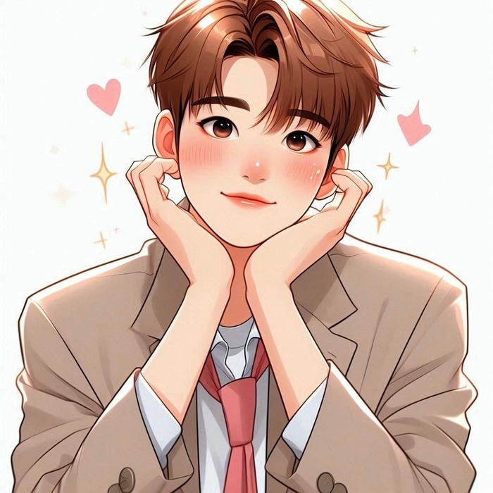 Anime boy smiling resting chin on hands looking cute