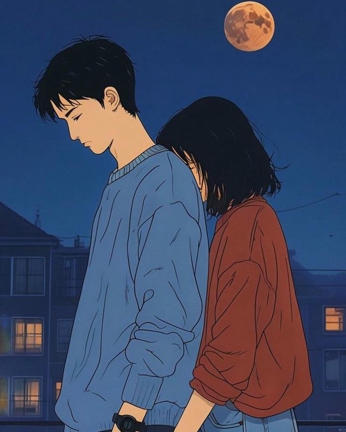 Anime couple walking apart night moon sad background view