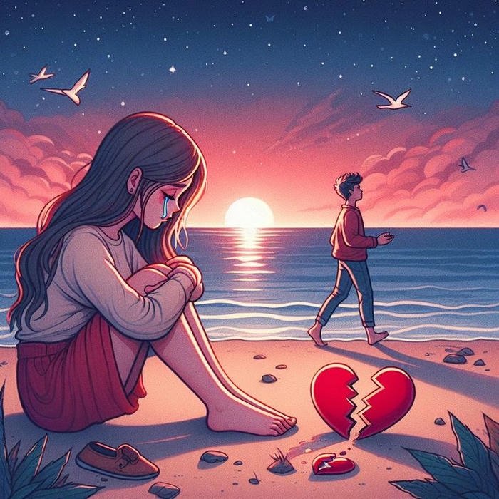 Anime girl sitting beach sunset sad lonely mood view