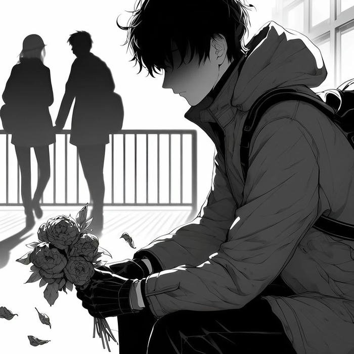 Black and white anime boy walking away sad street