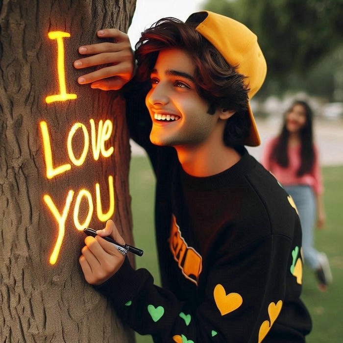 Boy leaning on tree with glowing love text light