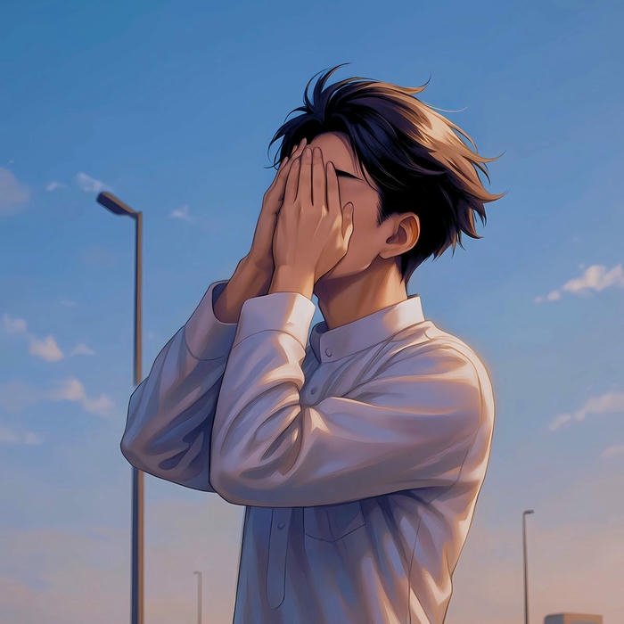 Boy looking at sunset sky covering face with hands