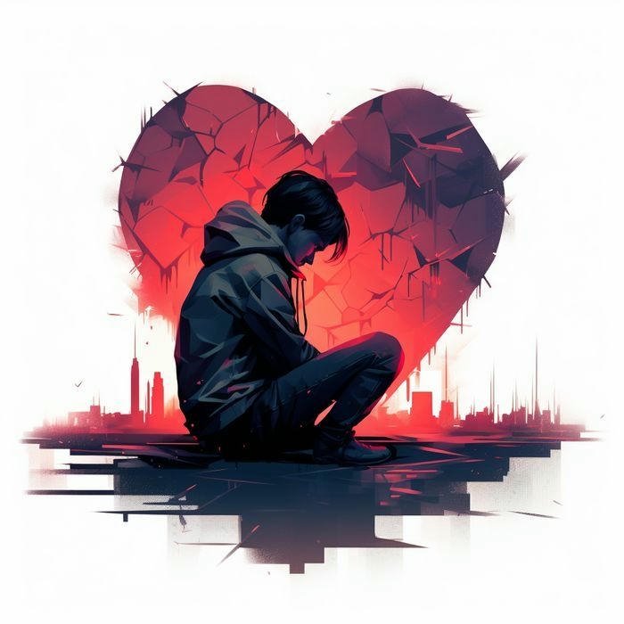 Boy sitting alone sunset red broken heart background view