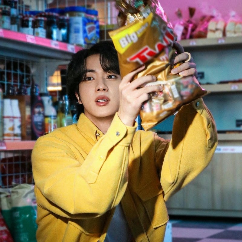 Bts dp images Jin yellow jacket holding snack chips cute