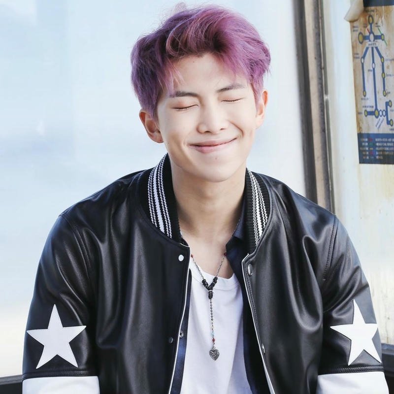 Bts dp images RM purple hair leather jacket smile cute