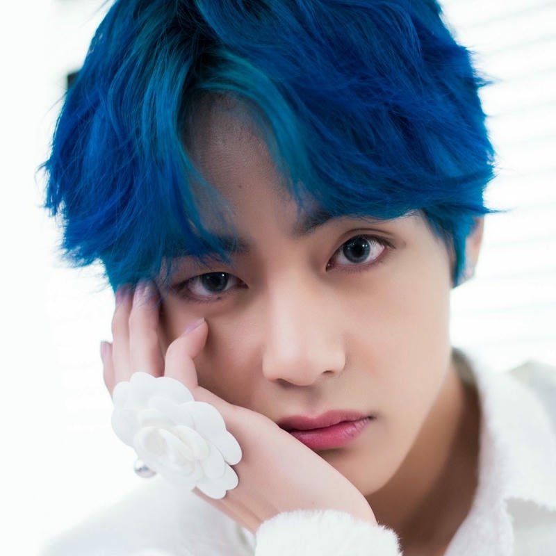 Bts dp images V blue hair white shirt handsome portrait