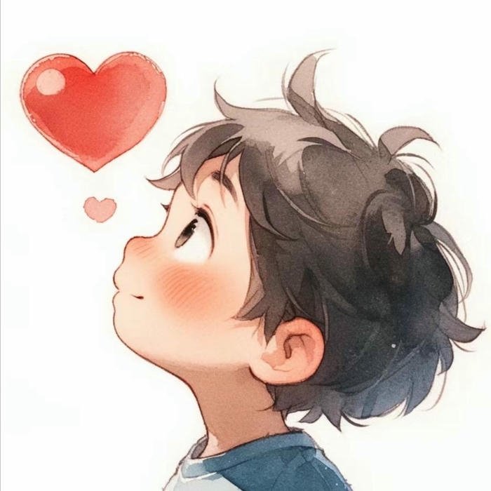 Cartoon profile boy looking at floating red heart bubble