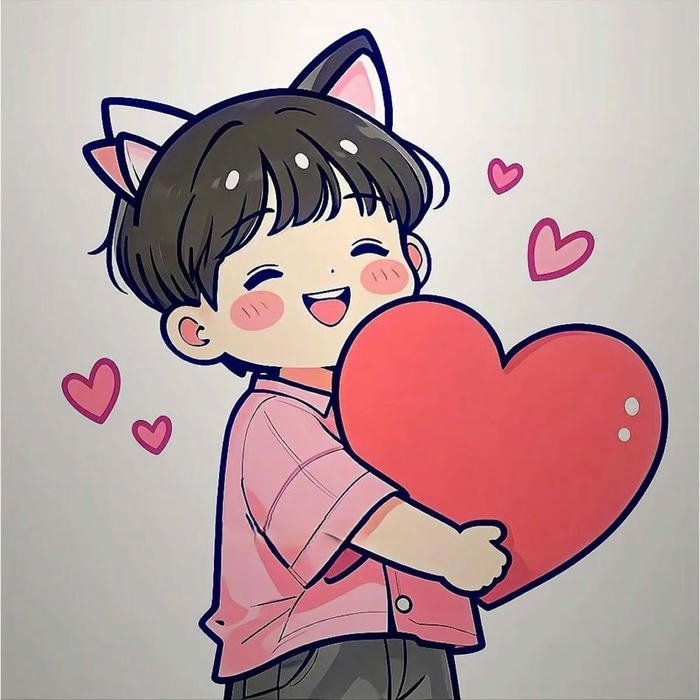 Chibi boy holding large pink heart looking very happy