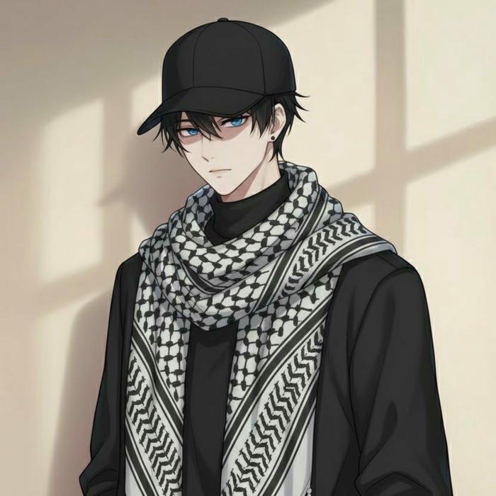 Cool anime boy wearing black and white patterned scarf