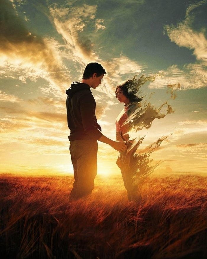 Couple standing field sunset sad romantic separation view art
