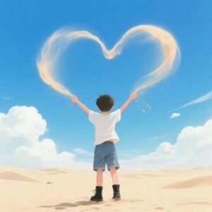 Creative photo boy making water heart shape on beach