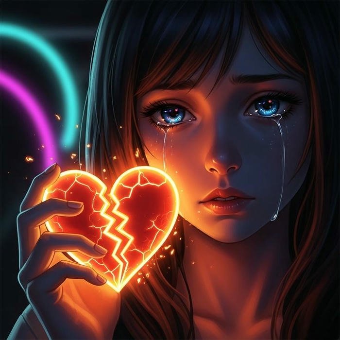 Crying anime girl holding glowing broken heart sad view