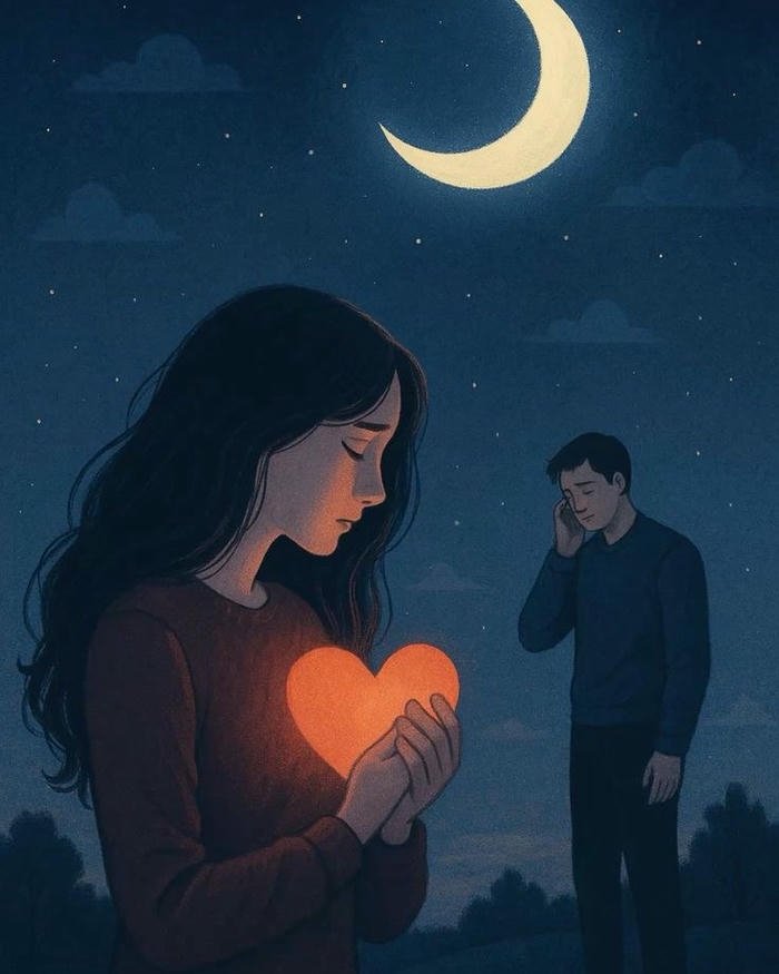 Girl holding glowing heart moon night sky background view