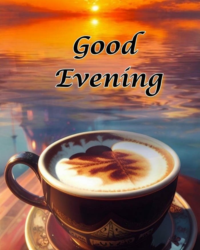 Good evening love image coffee cup table ocean sunset background