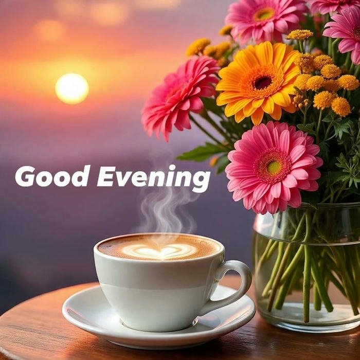 Good evening love image coffee cup window sunset flowers view