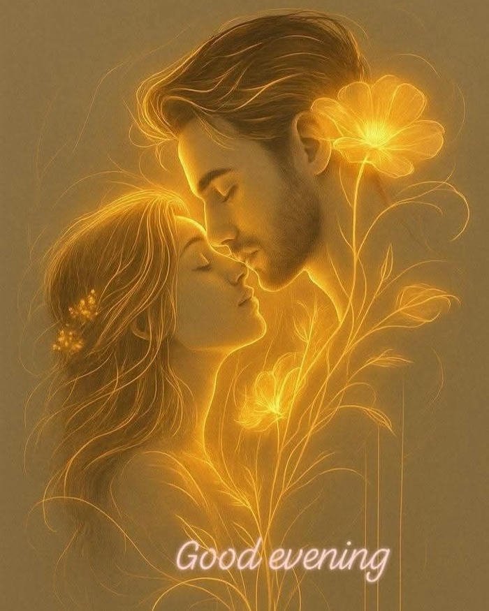 Good evening love image glowing golden couple artistic portrait profile