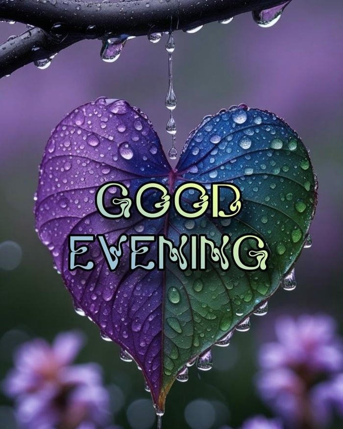 Good evening love image purple heart hanging rain drops view