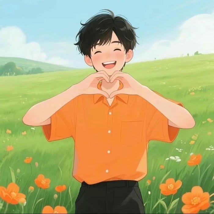 Guy in orange shirt making heart gesture green background