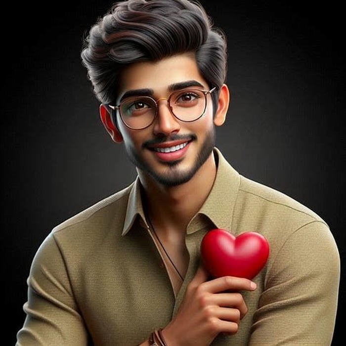 Handsome man with glasses holding red heart shaped fruit