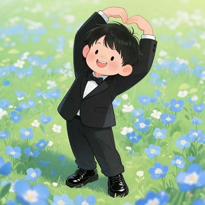 Happy cartoon boy in suit dancing on grass field