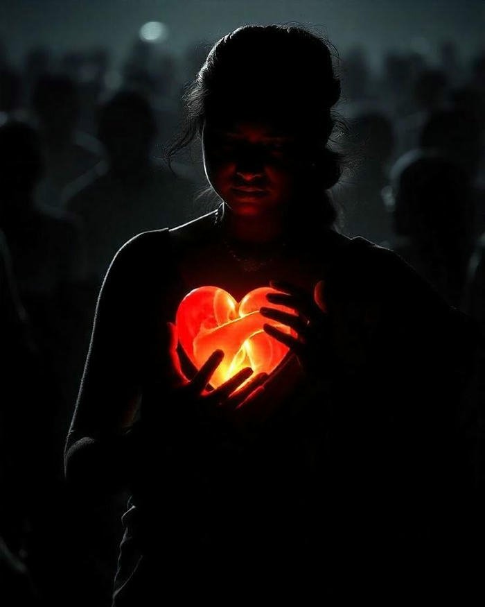 Heartbreak image person holding a glowing cracked heart in dark
