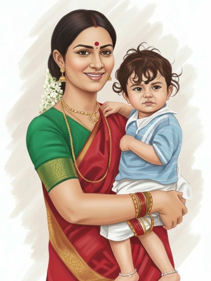 Indian mother illustration woman in green sari holding child white background