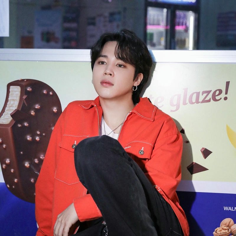 Jimin red jacket sitting stairs cool casual fashion view