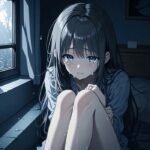 Lonely anime girl sitting alone in the pouring rain