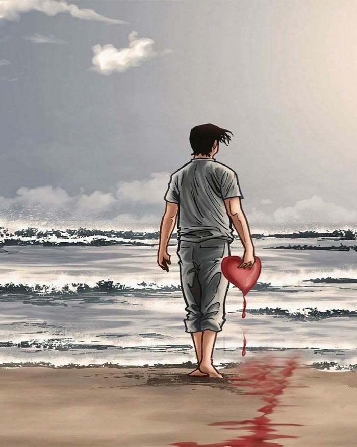 Lonely boy wallpaper walking alone on beach with red balloon