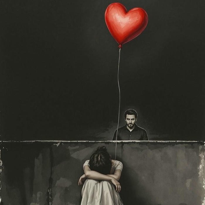 Lonely person image sitting alone watching heart balloon fly
