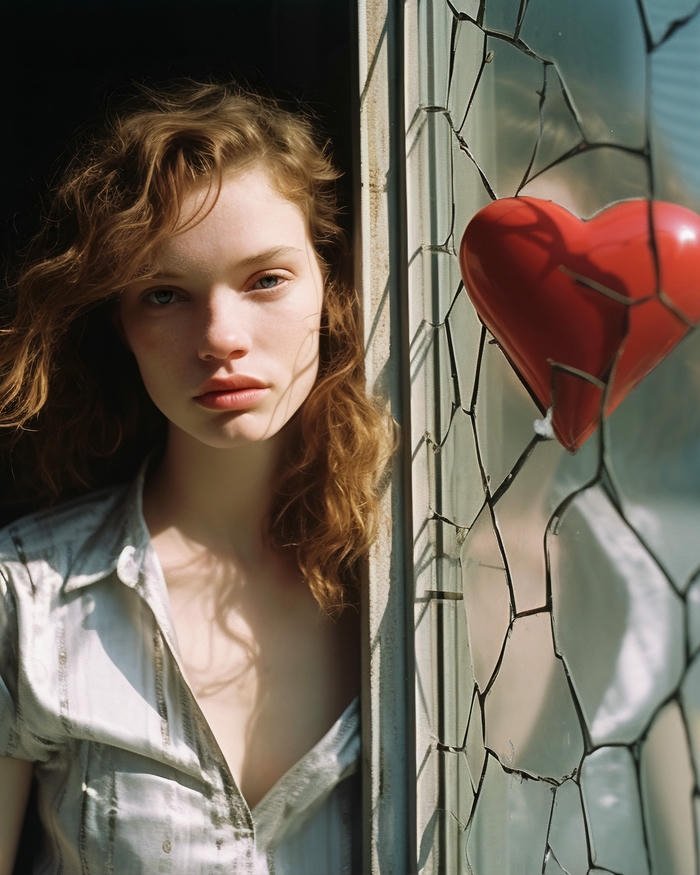 Lonely woman image looking out window with red heart balloon