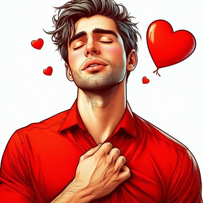 Love dp for boys man in red shirt touching chest