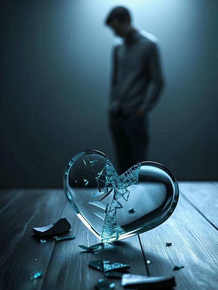 Love failure images broken glass heart blue table sad