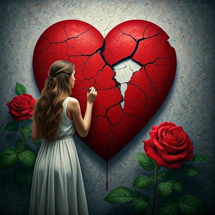 Love failure images girl painting broken heart wall red