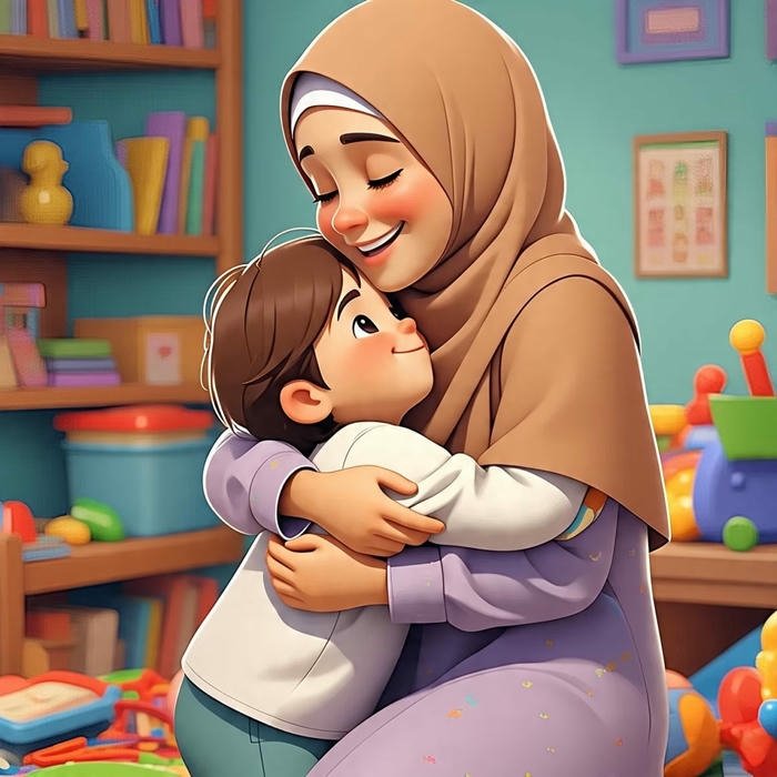 Love maa image 3D animation style mother hugging boy in room
