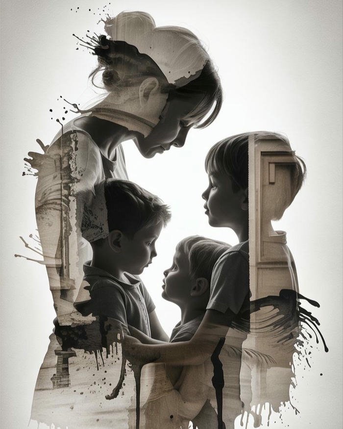 Love maa image artistic silhouette of mother and children in ink style