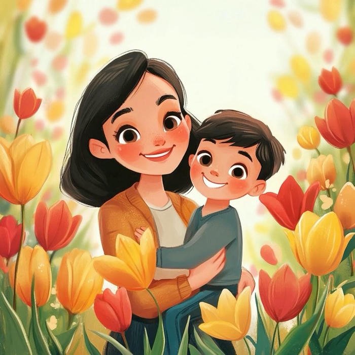 Love maa image cartoon mother hugging two kids in flower garden