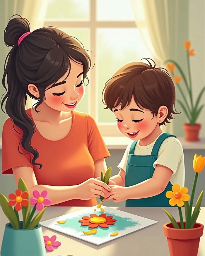 Love maa image cartoon scene mother and son spending time together happily