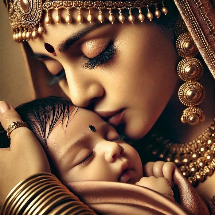 Love maa image closeup realistic Indian mother holding sleeping baby securely