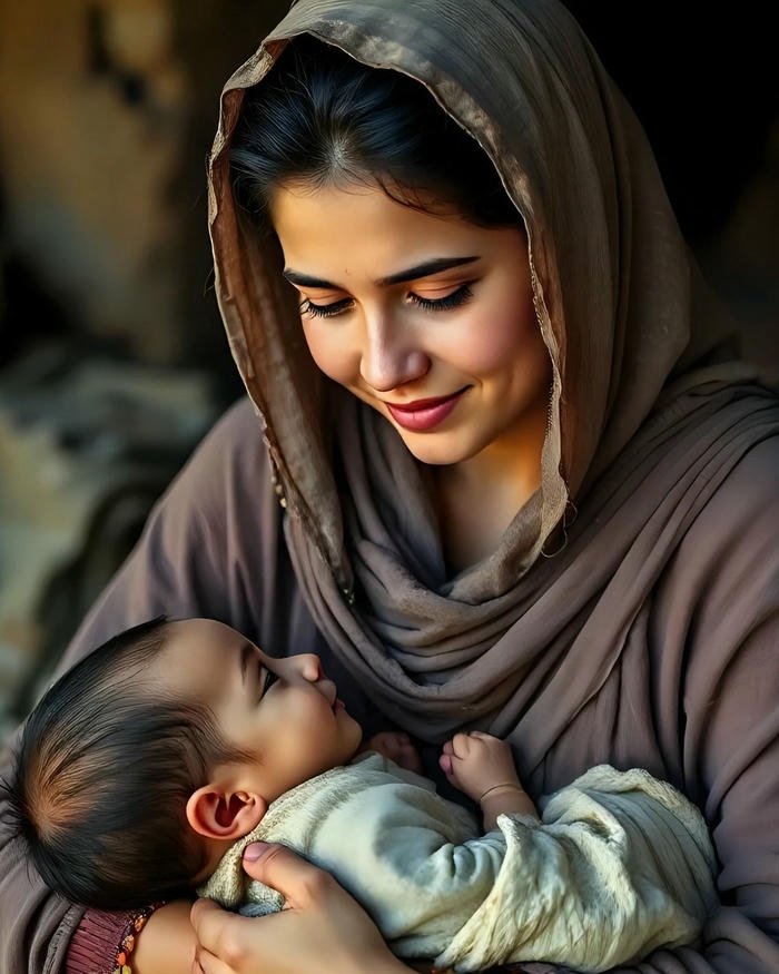 Love maa image of mother in headscarf hugging baby closely