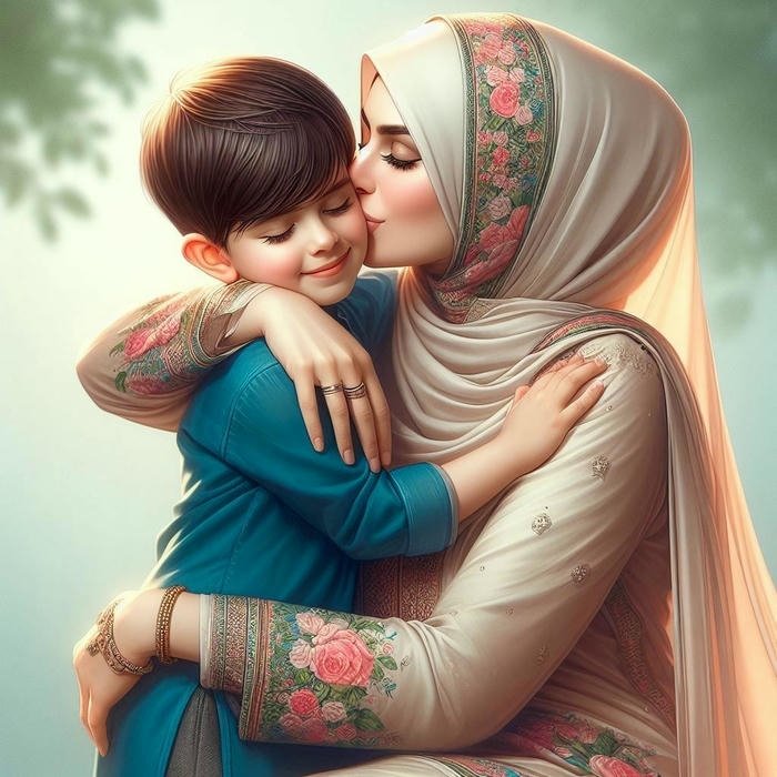Love maa image painting of mother hugging child tightly warm colors