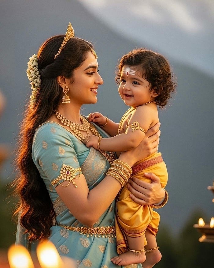 Love maa image showing Indian mother holding child in sunlight